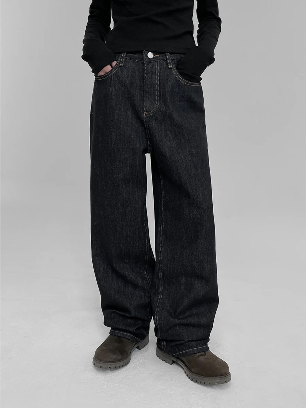Dark Blue Raw Denim Wide-Leg Jeans